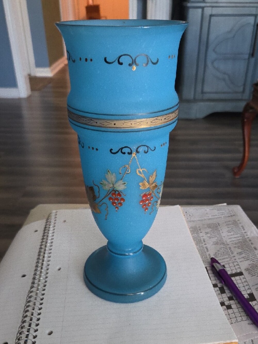 Antique Blue Opaline glass mantle vase with hand painted accents - Picture 3 of 4